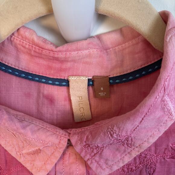 Anthropologie Pilcro Embroidered Tonal Pink Tie Dye Button Up S Boho Cottagecore - Picture 2 of 16